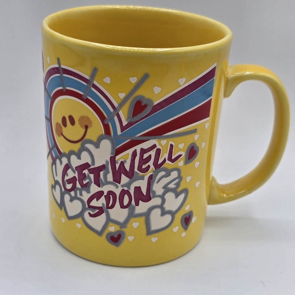 Get Well Soon Staffordshire England Coffee Mug Yellow Sunshine Face‎ Bright Vtg
